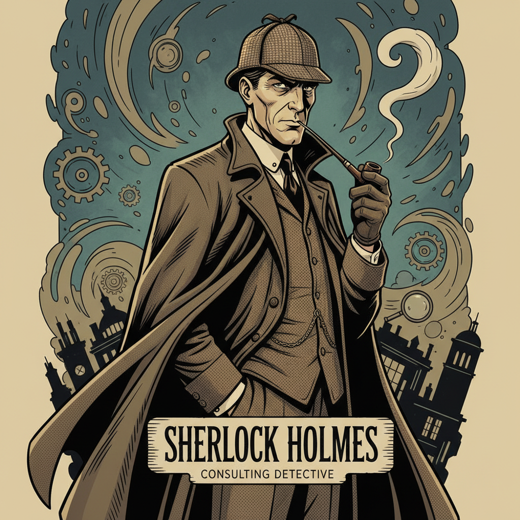 Sherlock Holmes in a deerstalker hat, smoking a pipe, with Victorian London background